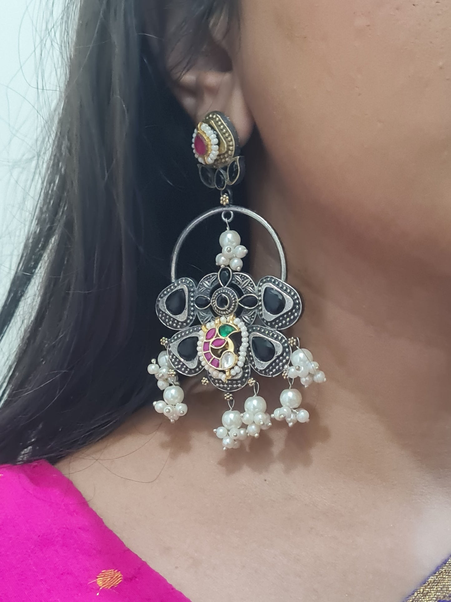 Regal Rasa German Silver Kundan Jhumka Earrings