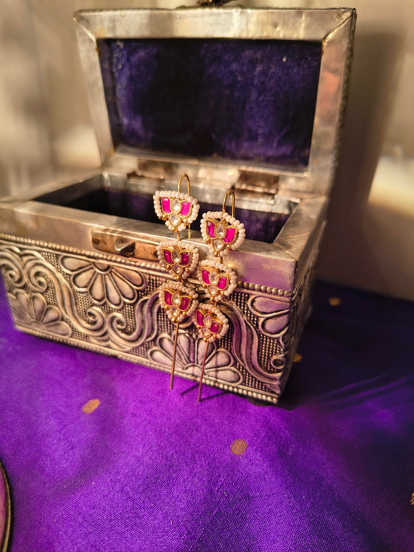 Traditional Lotus Ear Climber Chain Earrings