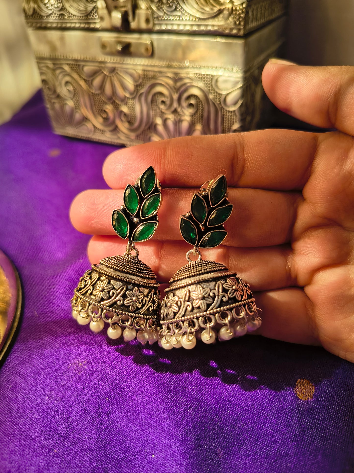 Floral Leaf Stone Jhumka Earrings