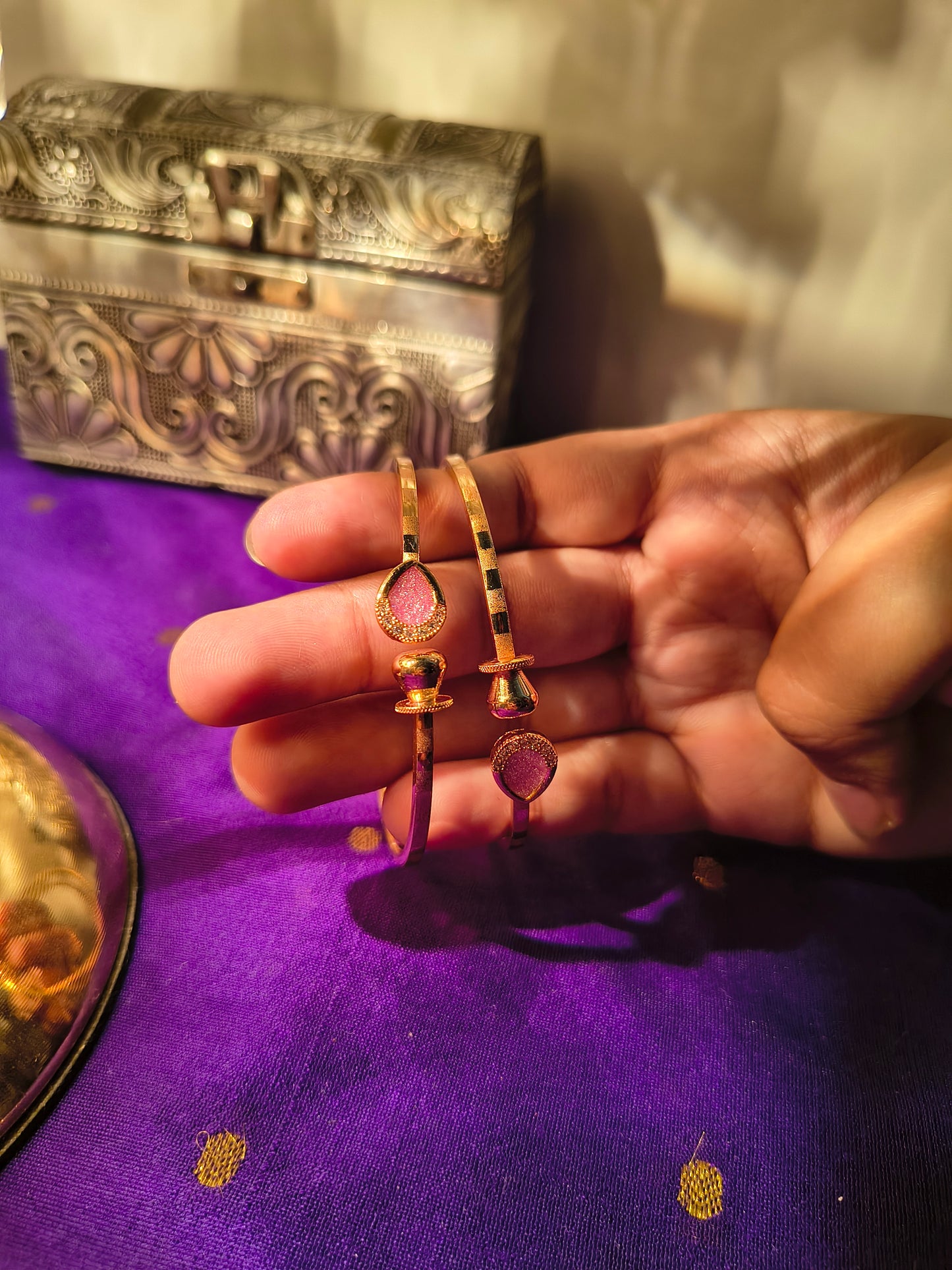 Elegant Pink Stone Dual-Head Open Kada Bracelet