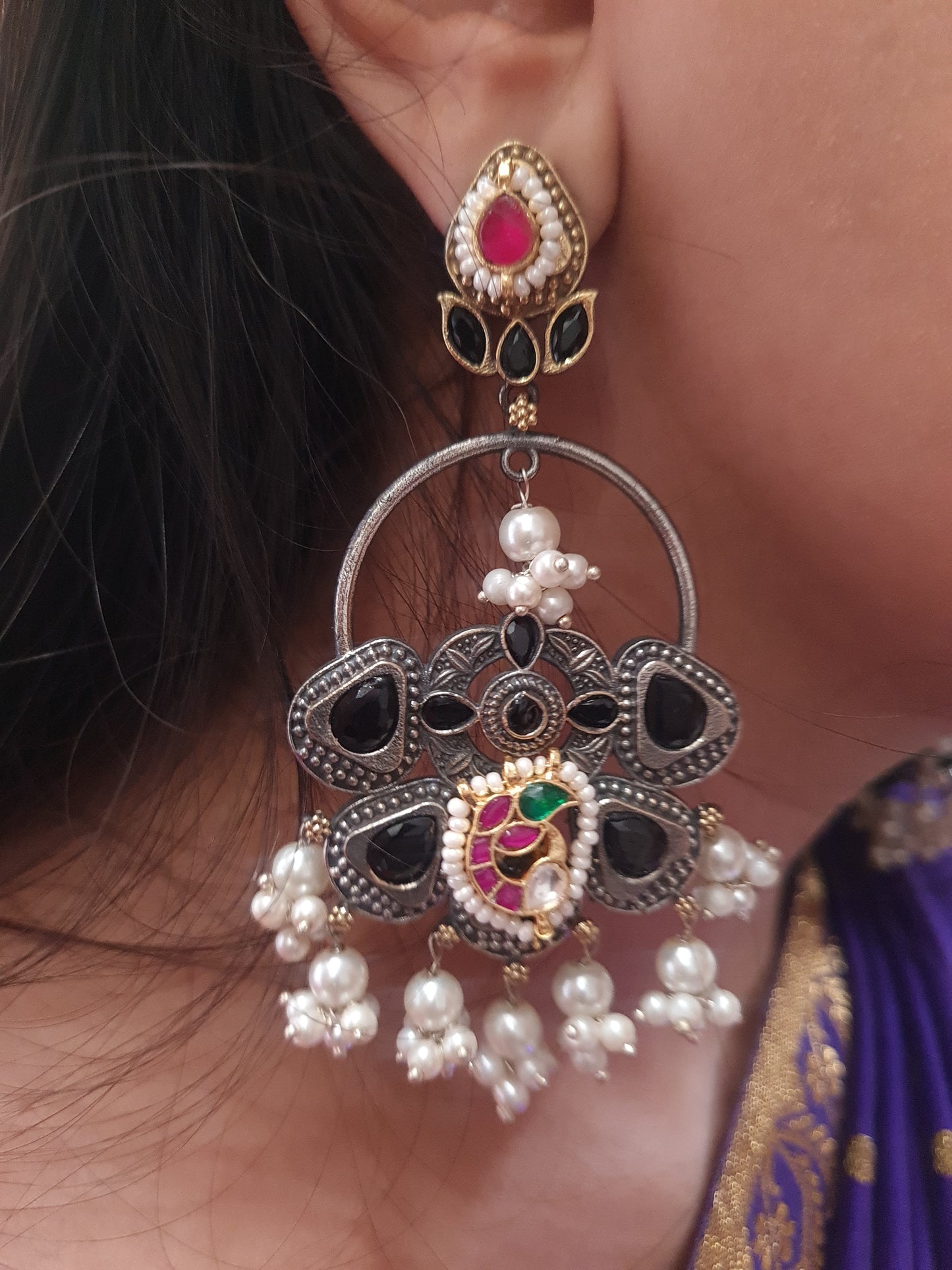 Regal Rasa German Silver Kundan Jhumka Earrings
