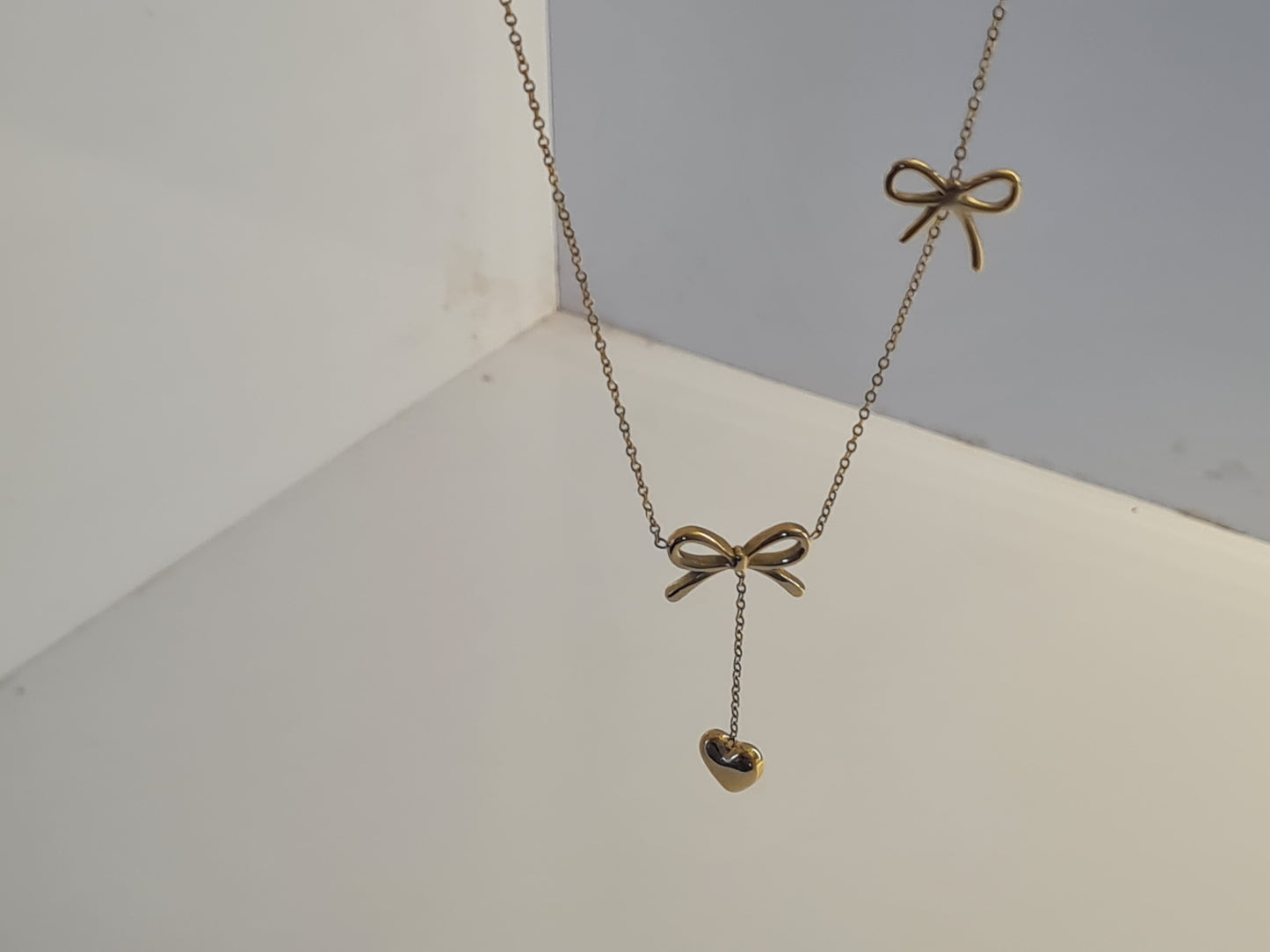 Golden Bow & Heart Drop Necklace