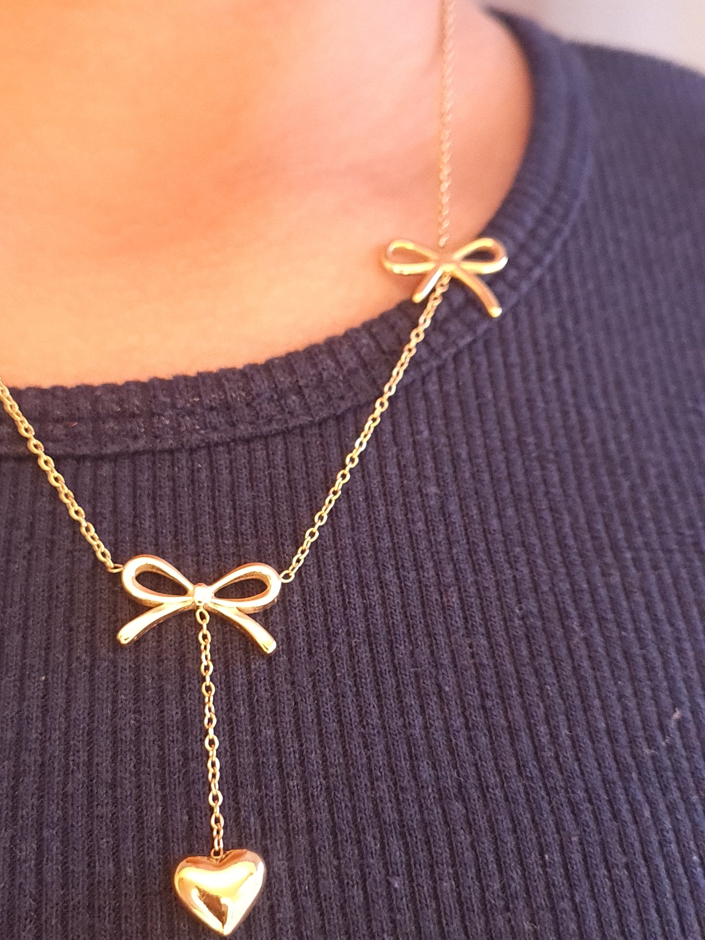 Golden Bow & Heart Drop Necklace