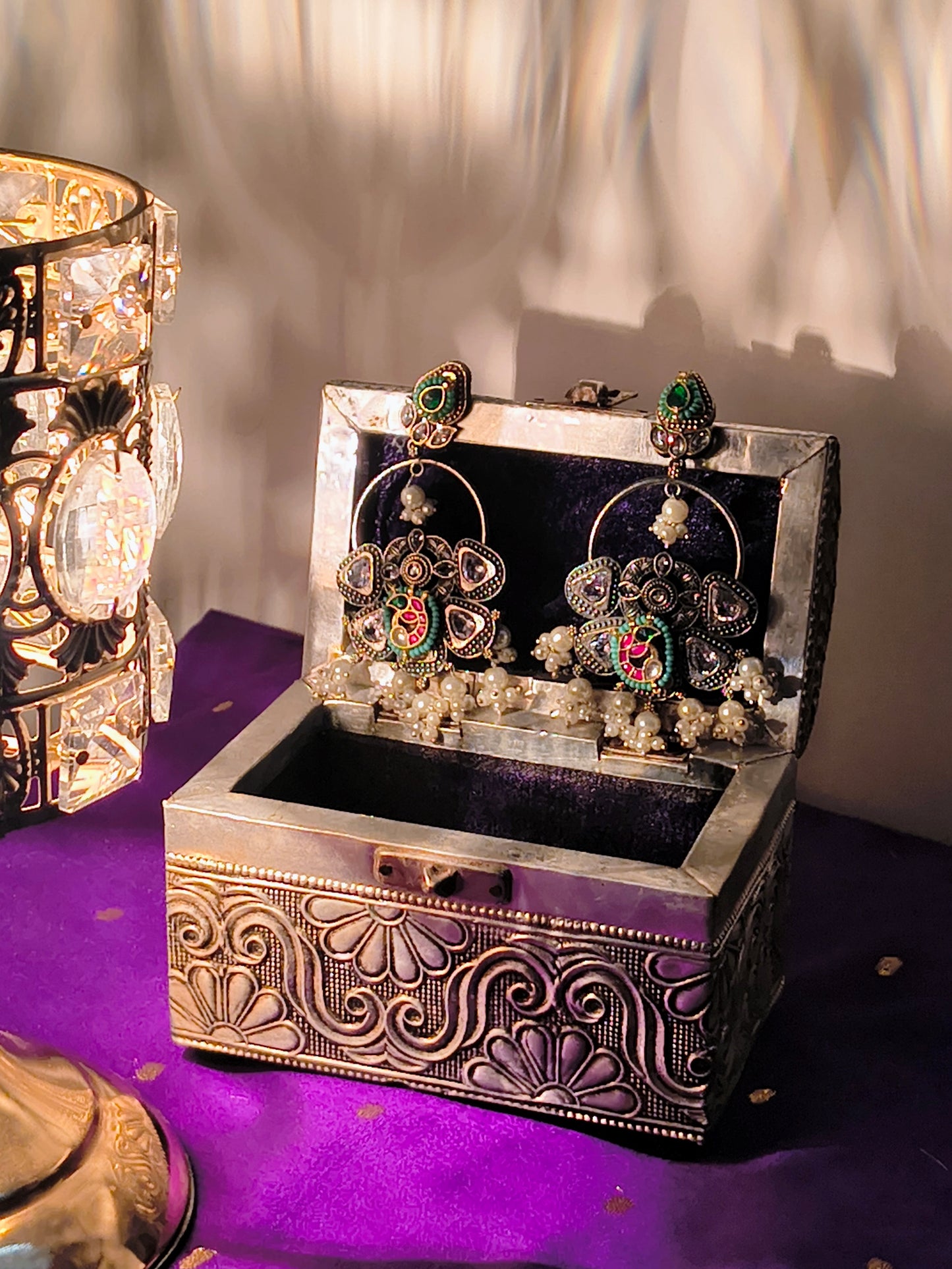 Regal Rasa German Silver Kundan Jhumka Earrings