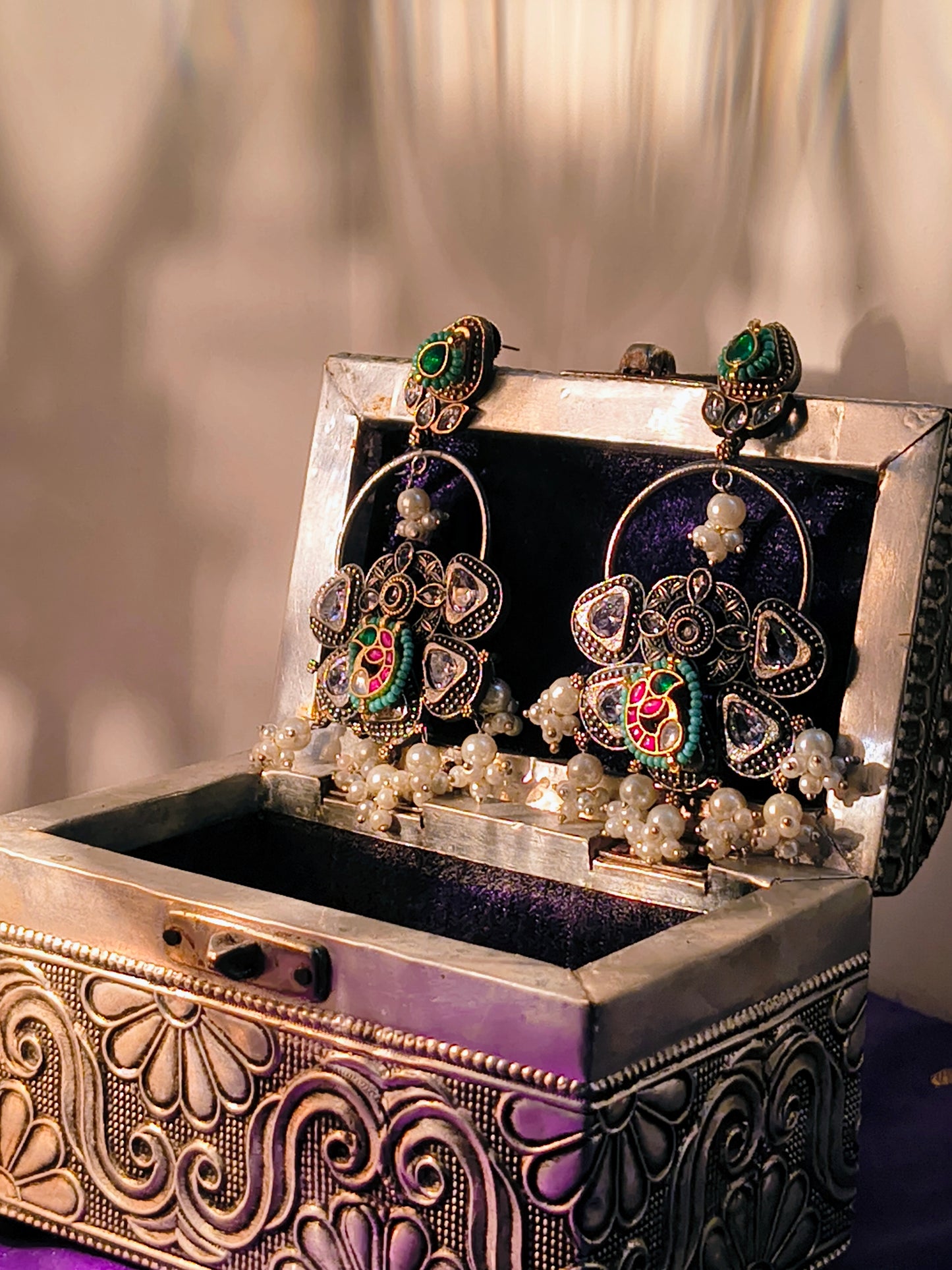 Regal Rasa German Silver Kundan Jhumka Earrings