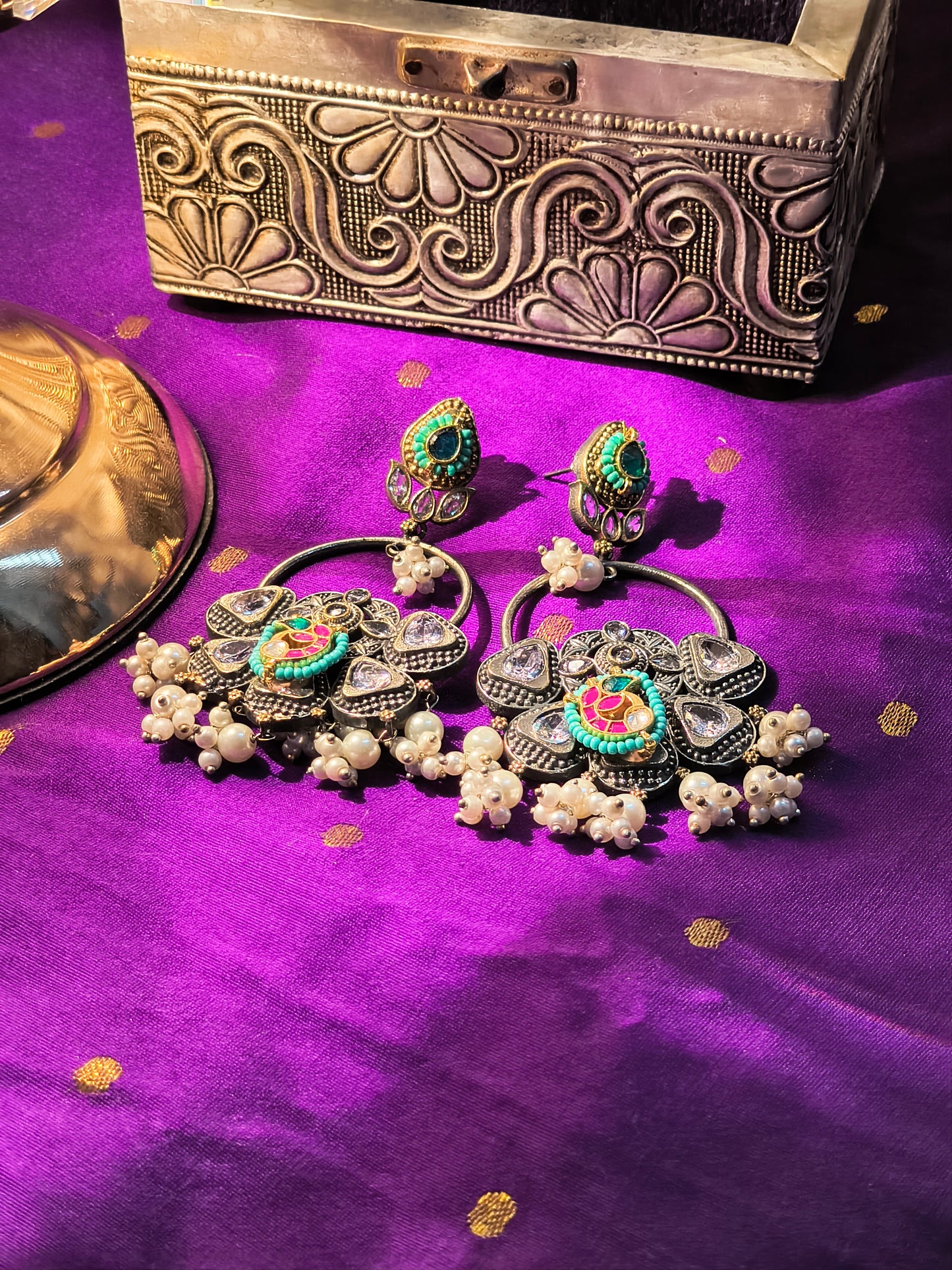 Regal Rasa German Silver Kundan Jhumka Earrings