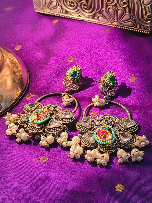 Regal Rasa German Silver Kundan Jhumka Earrings