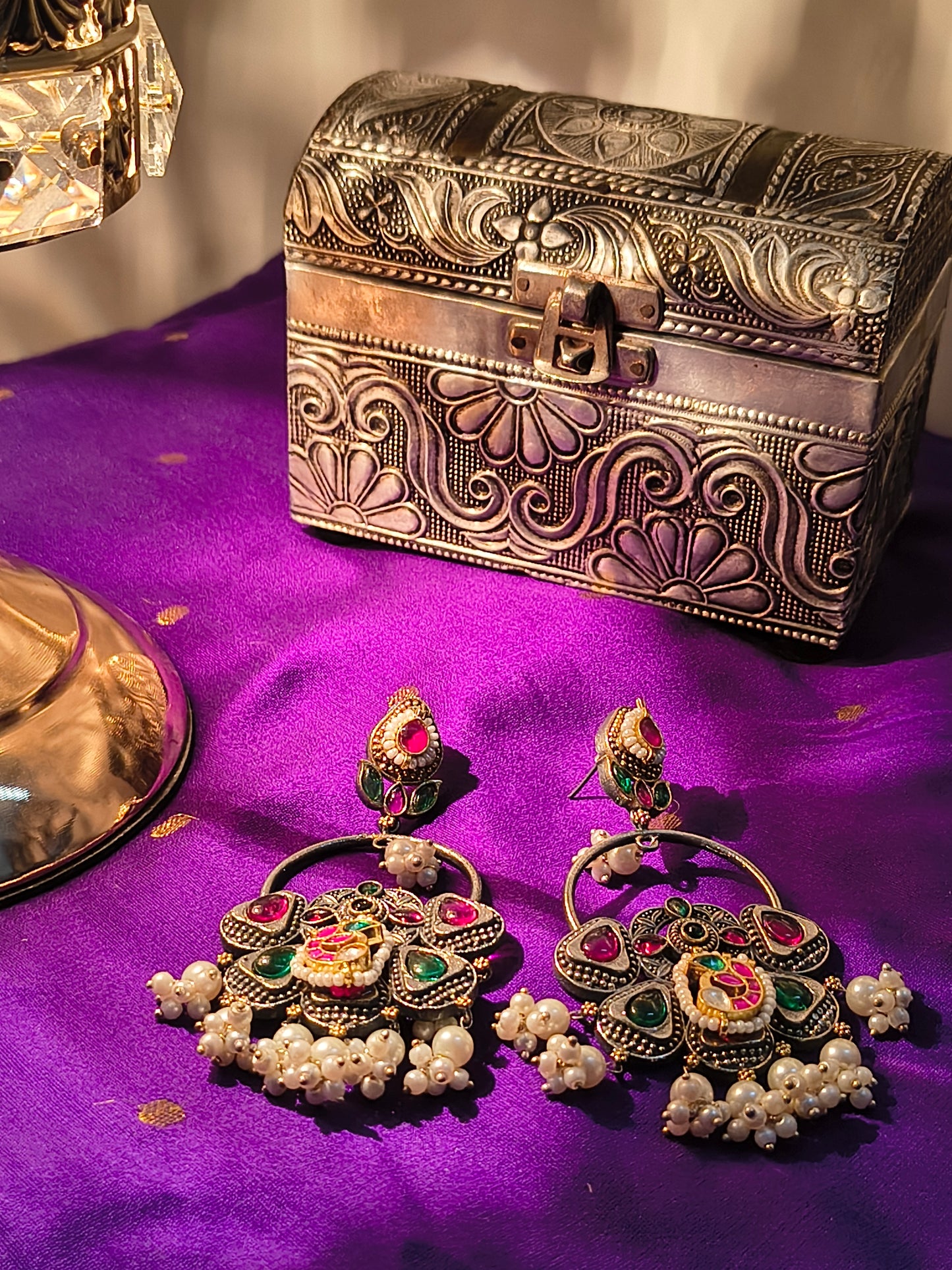 Regal Rasa German Silver Kundan Jhumka Earrings