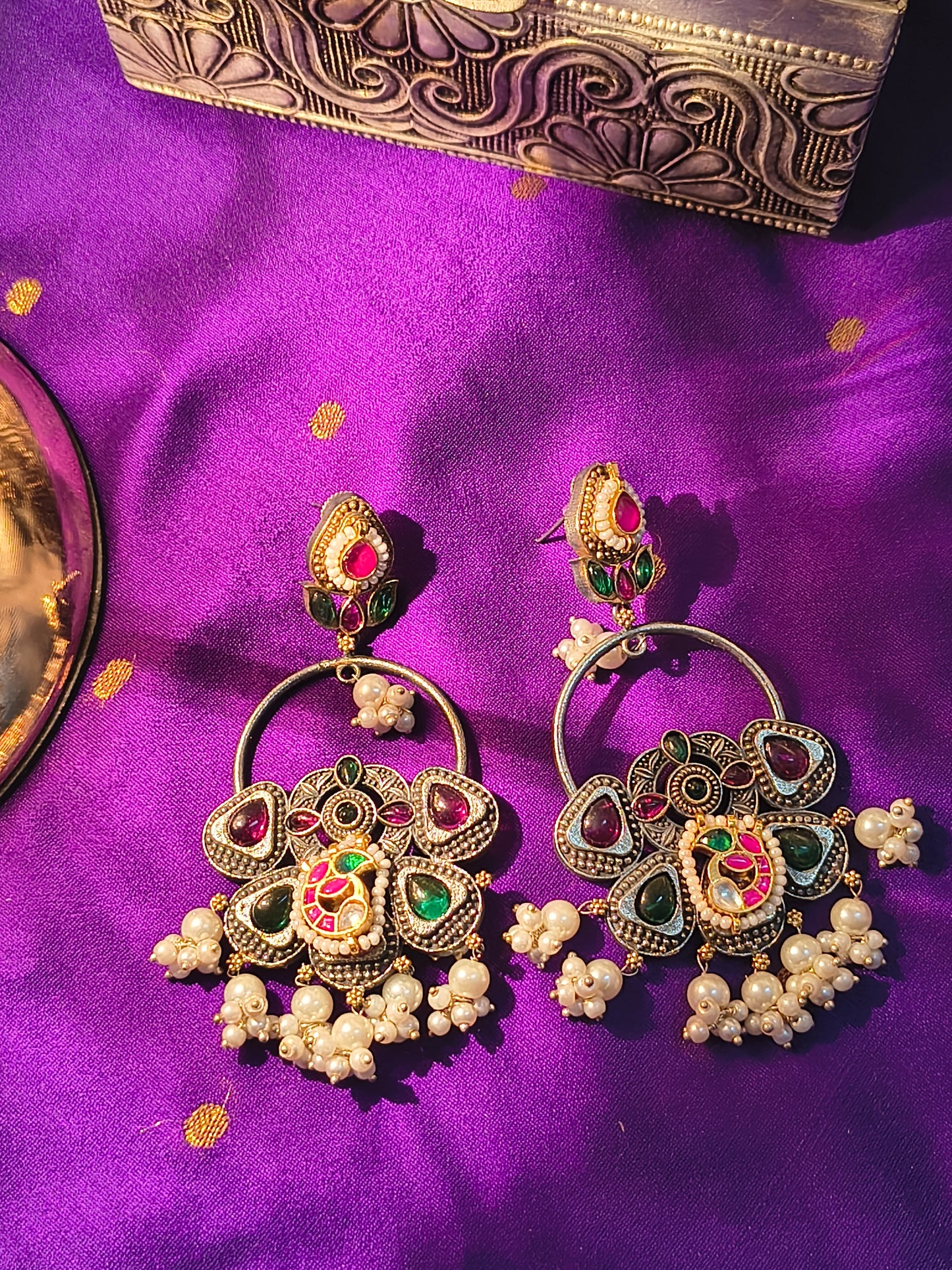 Regal Rasa German Silver Kundan Jhumka Earrings