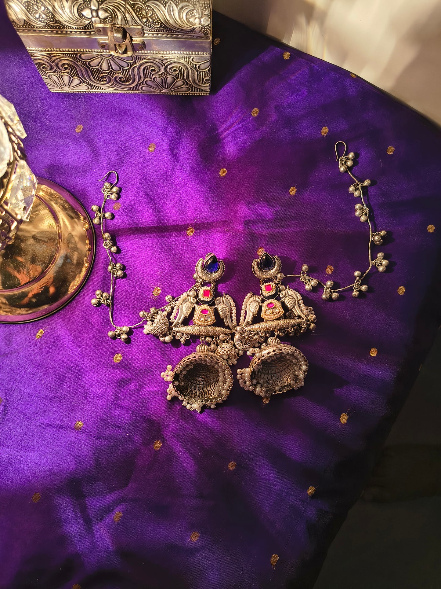 Lakshmi Charm Jhumkas Earrings with Side Chain and Pearl Detailing