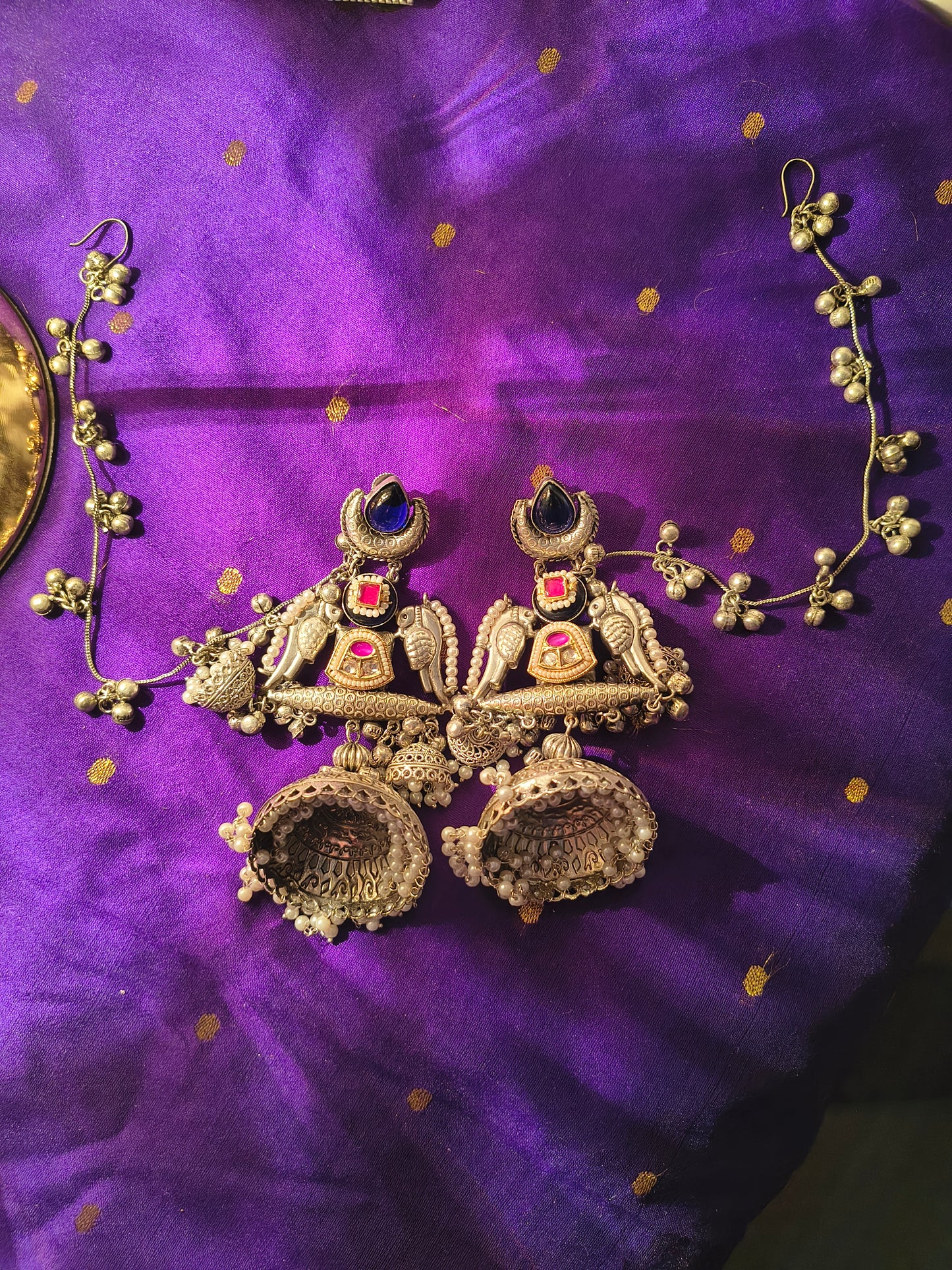 Lakshmi Charm Jhumkas Earrings with Side Chain and Pearl Detailing