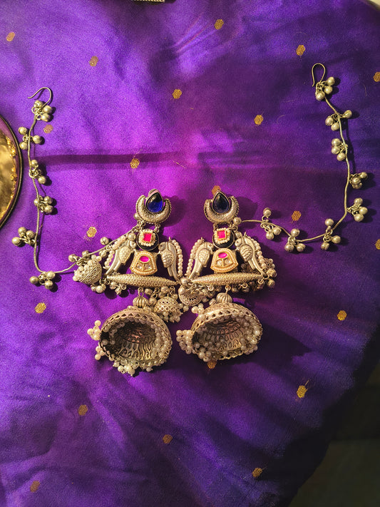 Lakshmi Charm Jhumkas Earrings with Side Chain and Pearl Detailing