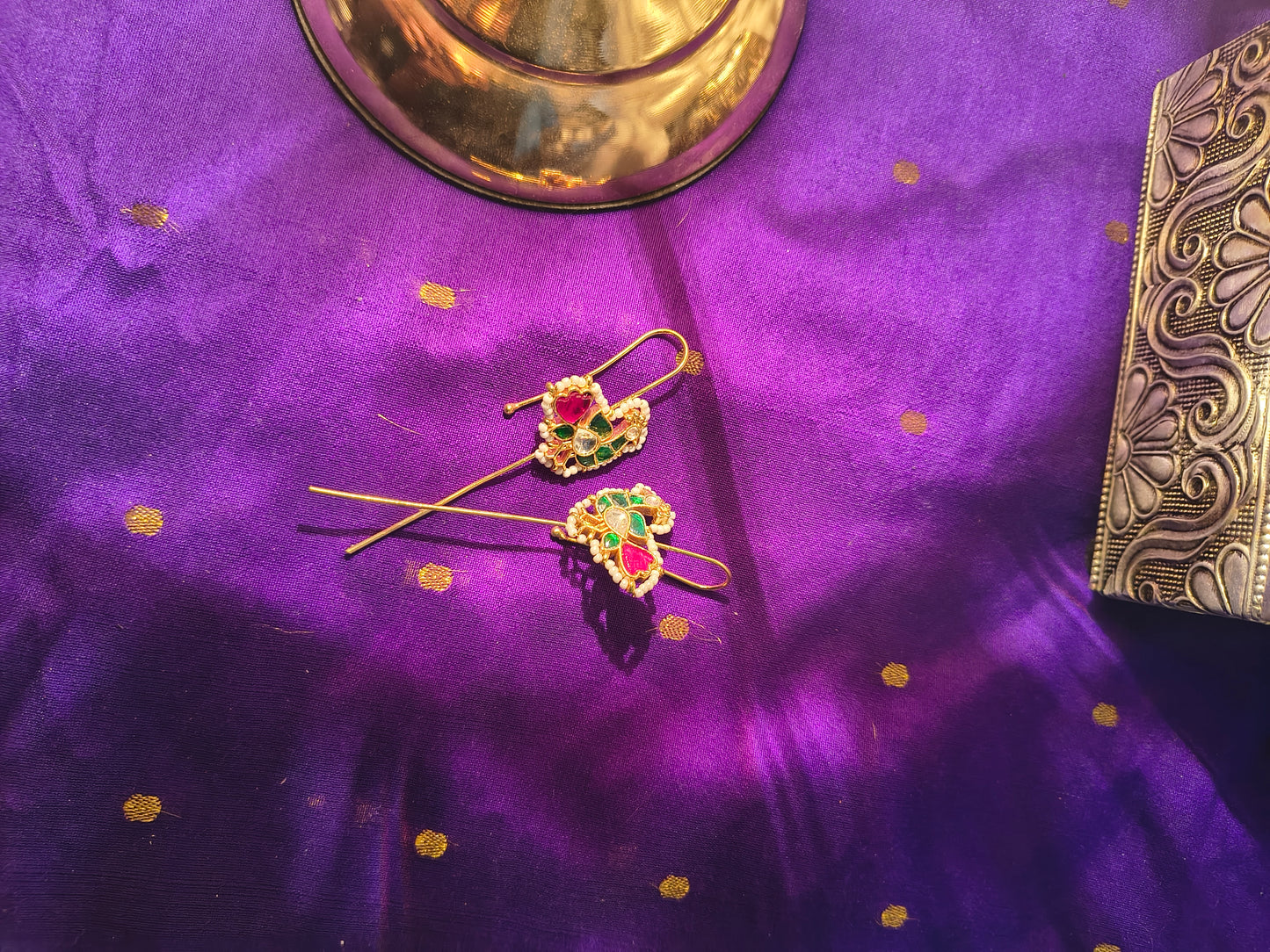 Peacock Motif Temple Ear Pin with Enamel Work and Pearl Detailing