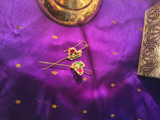 Peacock Motif Temple Ear Pin with Enamel Work and Pearl Detailing