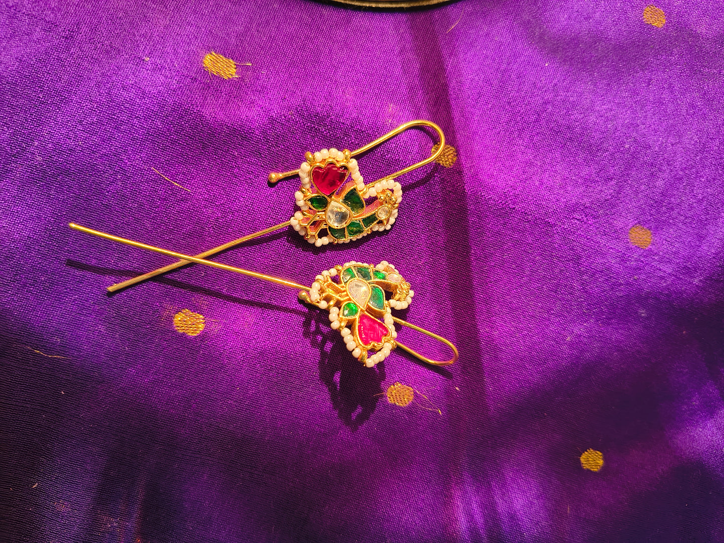 Peacock Motif Temple Ear Pin with Enamel Work and Pearl Detailing