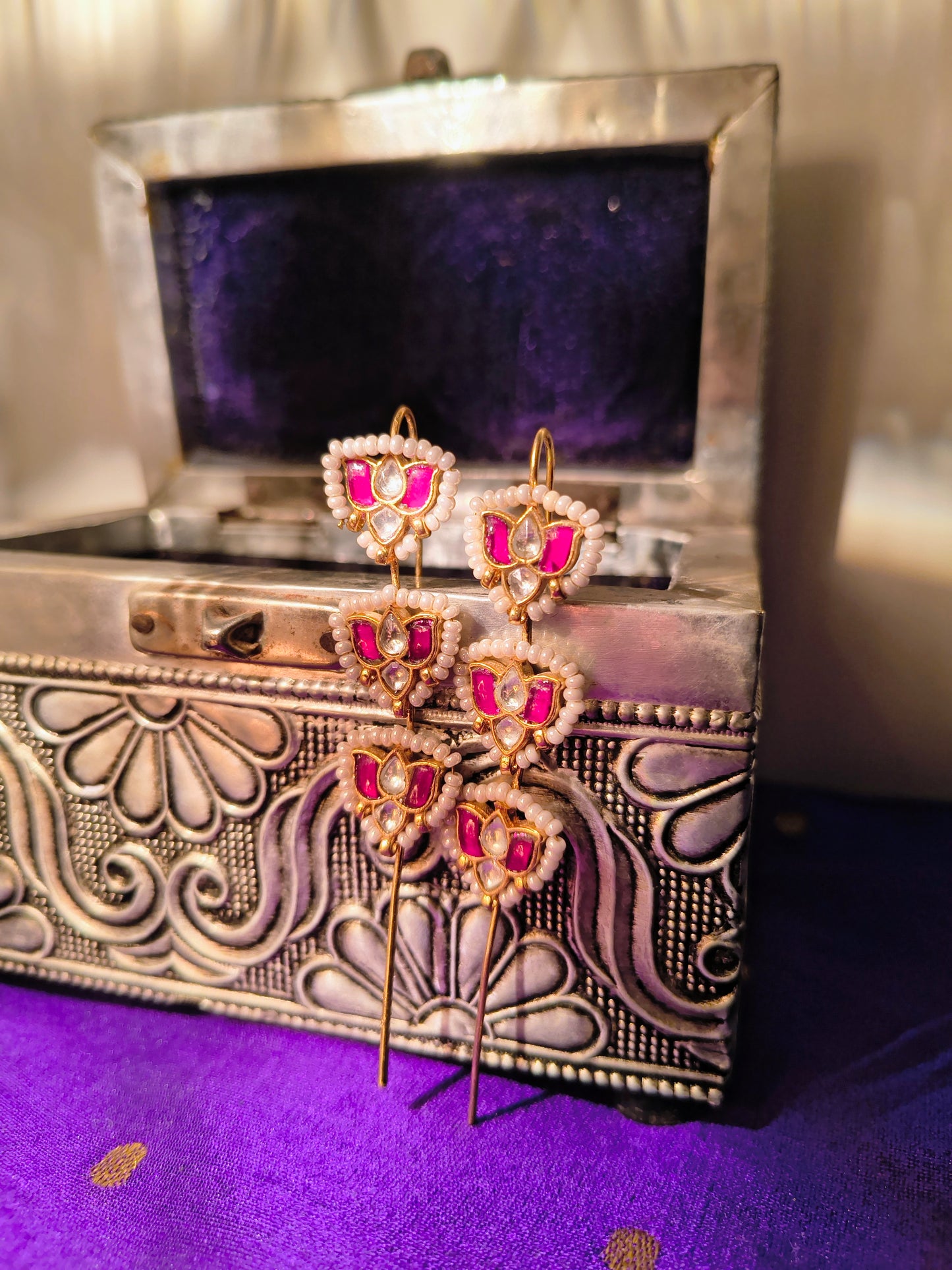 Traditional Lotus Ear Climber Chain Earrings