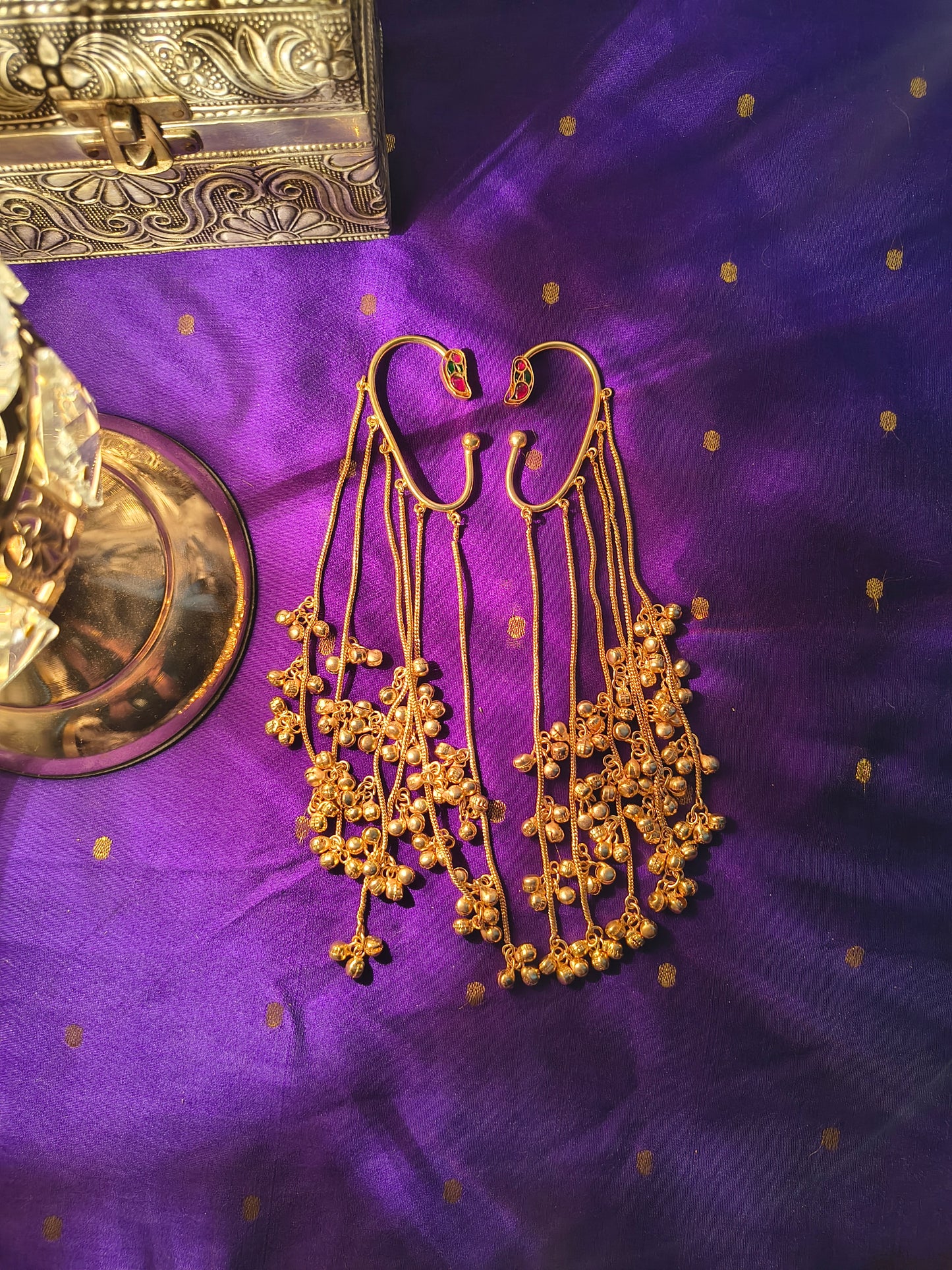 Royal Multi-Strand Temple Style Ear Chain with Ghungroo Bells