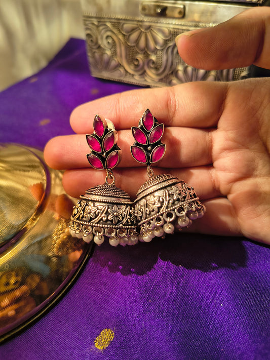 Floral Leaf Stone Jhumka Earrings