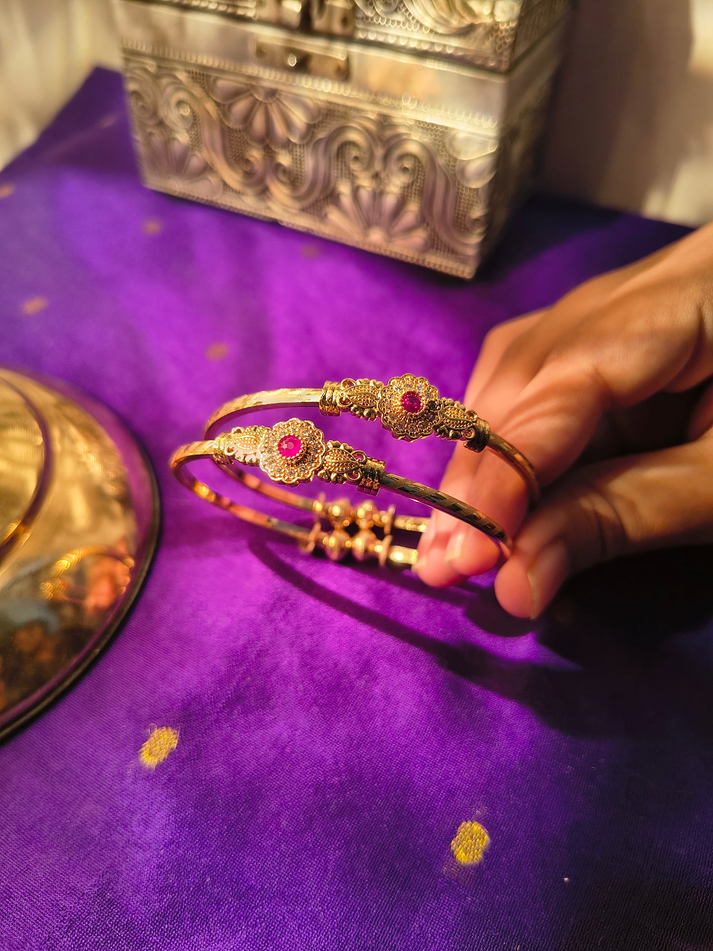 Antique Gold-Plated Floral Kada Bangles