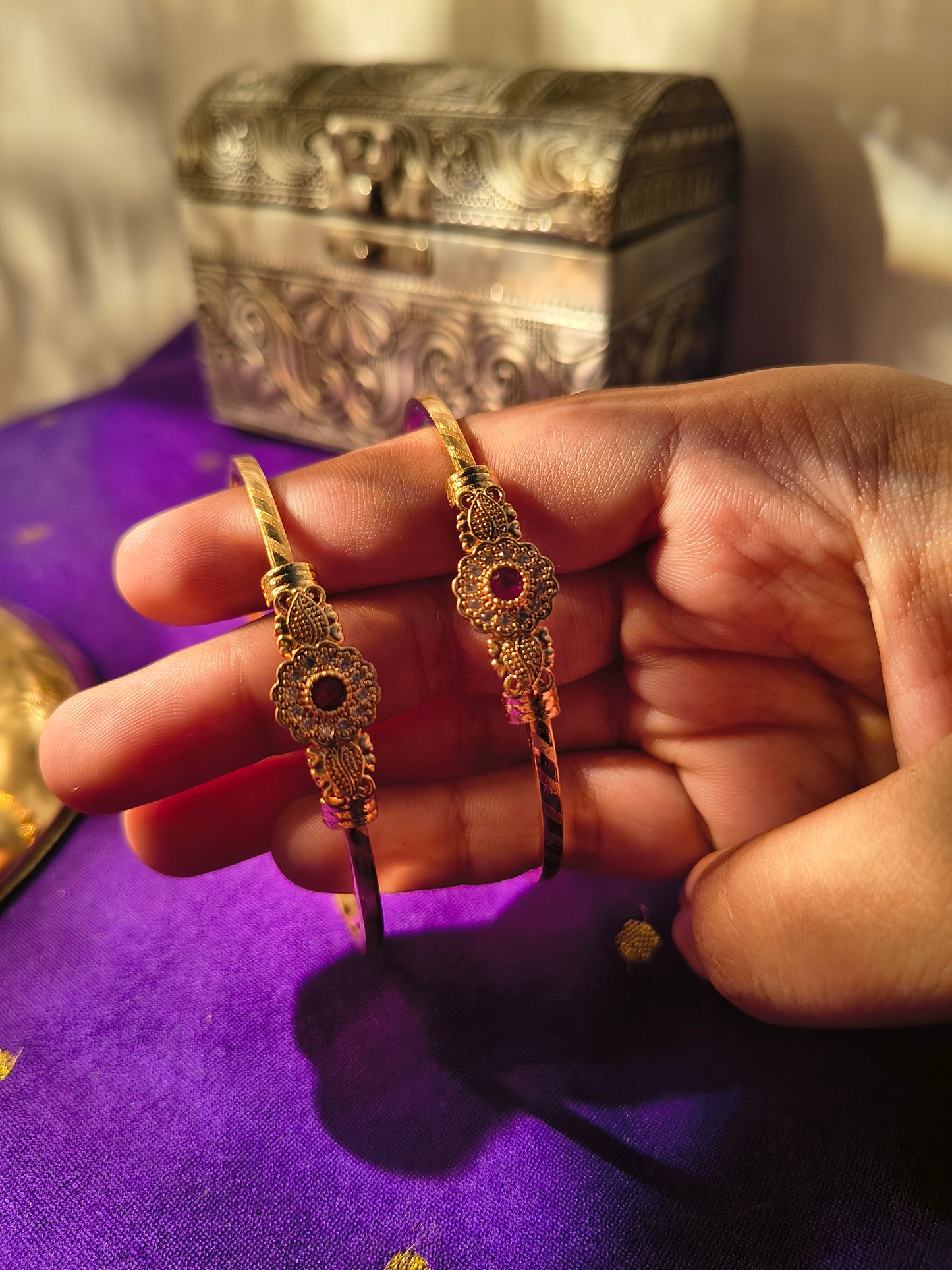 Antique Gold-Plated Floral Kada Bangles