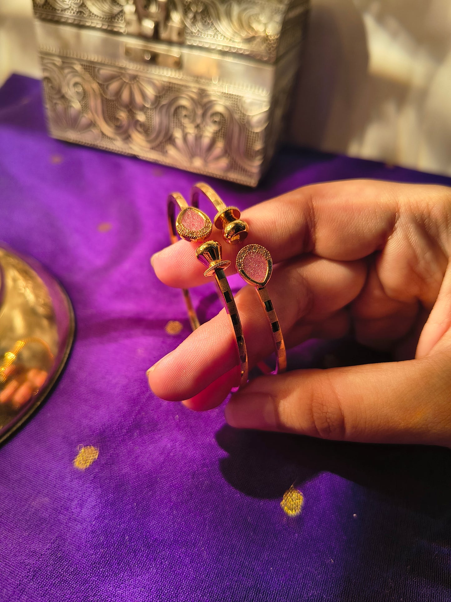 Elegant Pink Stone Dual-Head Open Kada Bracelet