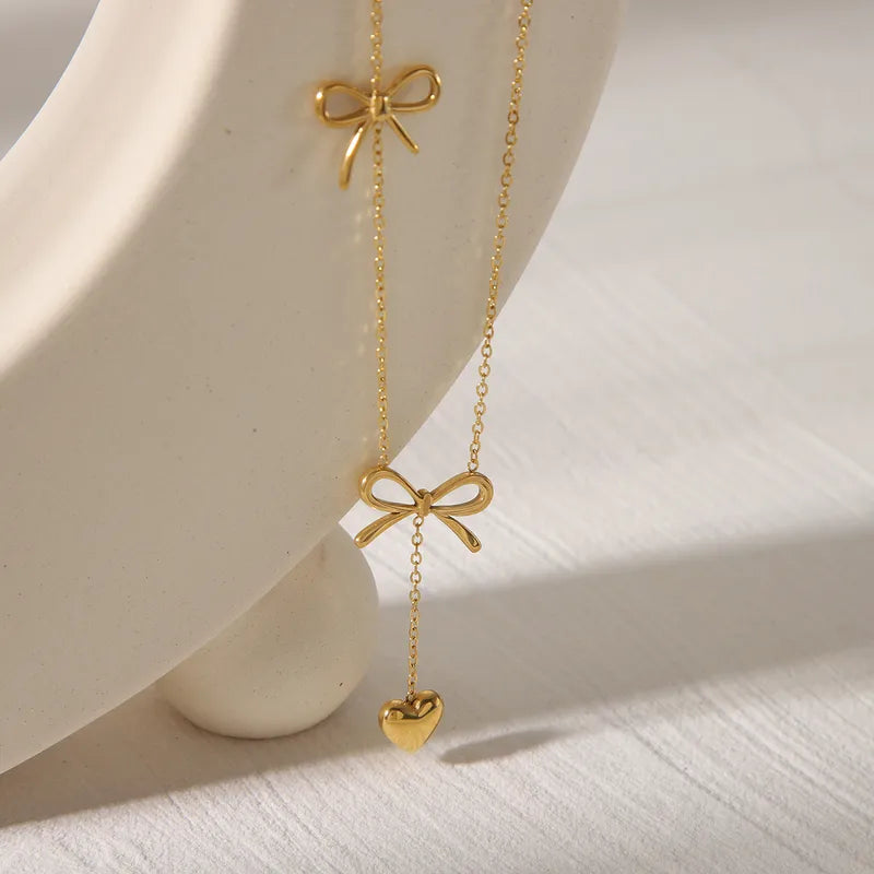 Golden Bow & Heart Drop Necklace
