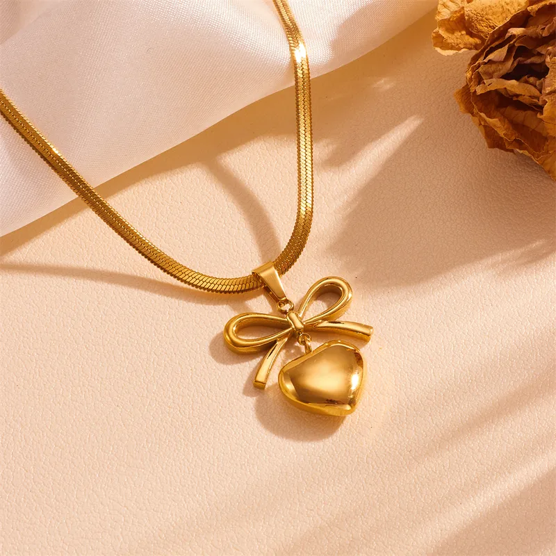 Golden Bow Heart Pendant Necklace